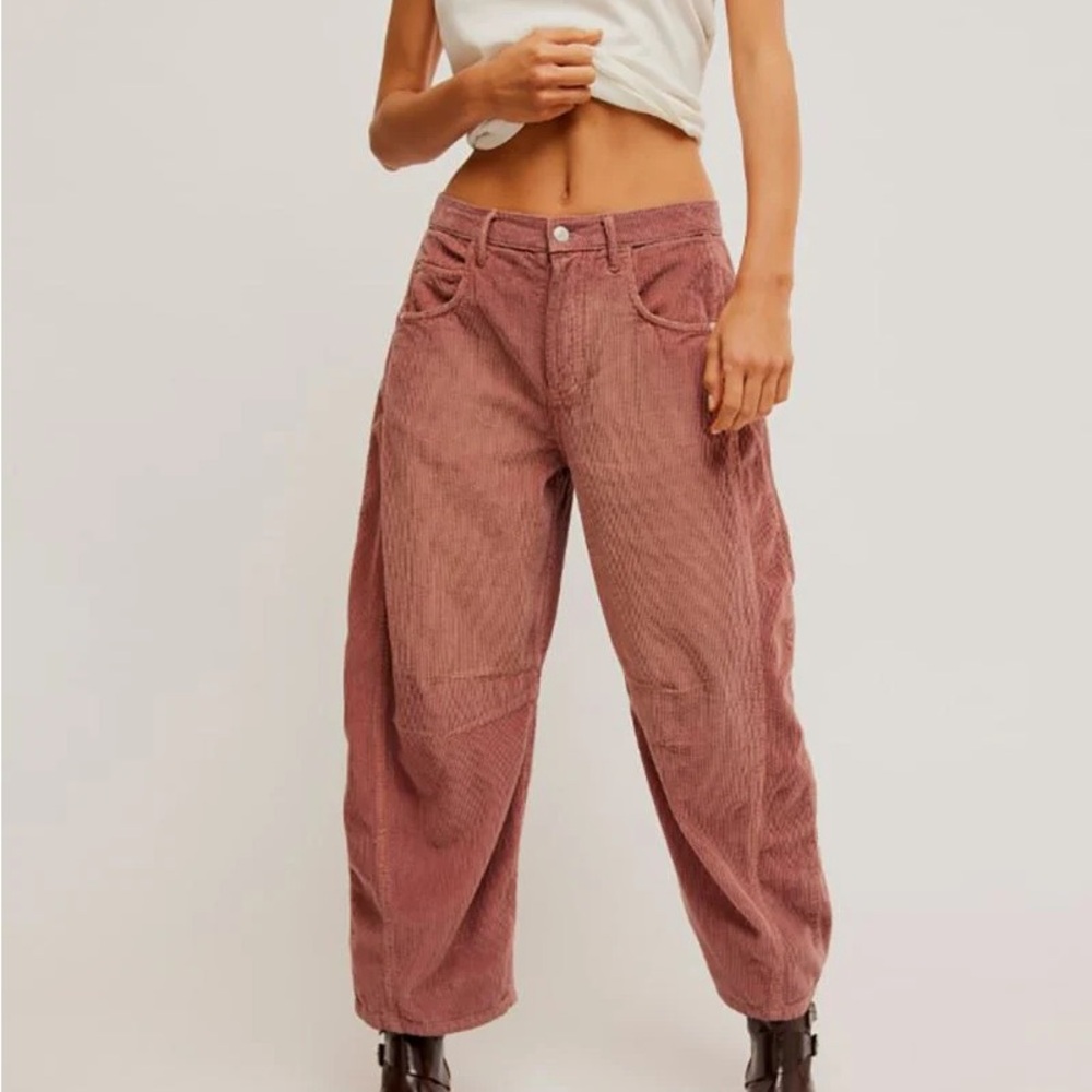 The Free Good Luck Mid-Rise Cord Barrel Jeans Withered Rose